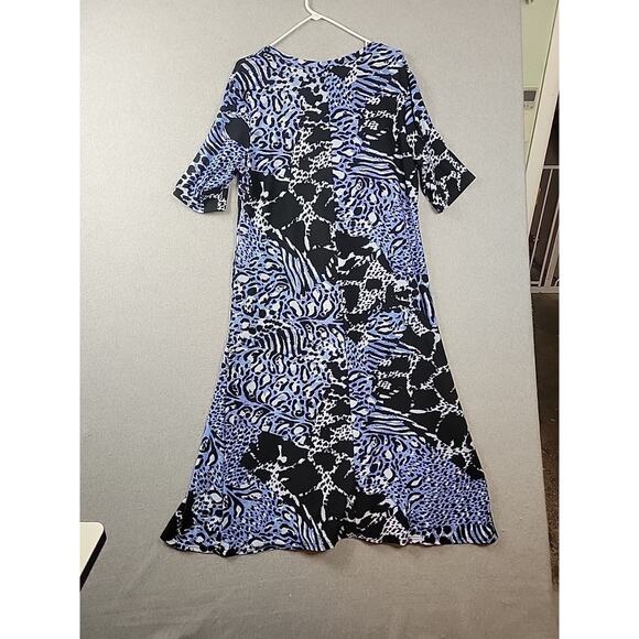 Attitudes Blue Animal Print Godet Midi Dress Women's Petite XL Stretch Pockets - Picture 6 of 13